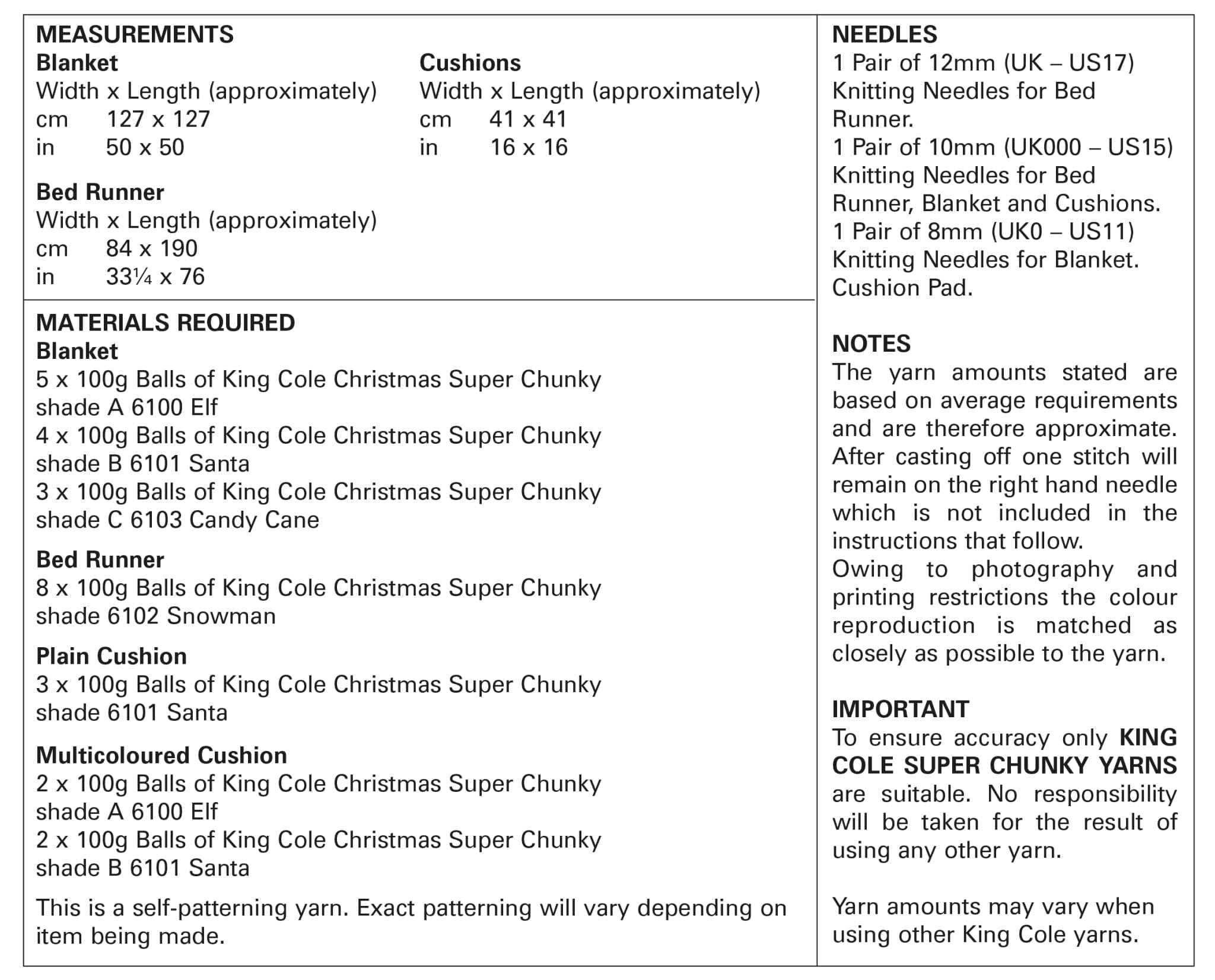 King Cole Christmas 'Easy Knit' Blanket & Bed Runner Knitting Pattern 5782 - Super Chunky