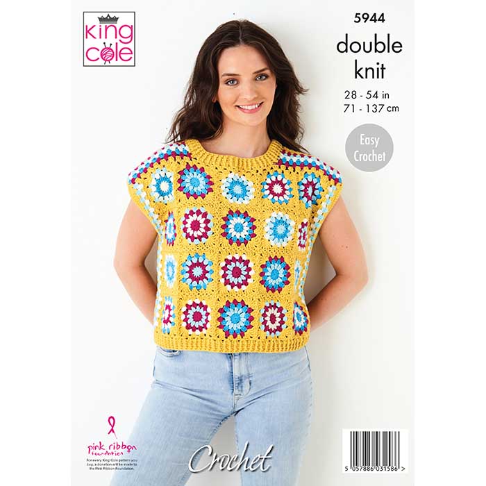 King Cole Ladies Granny Square Jumper & Top 'Easy Crochet' Pattern 5944 - Double Knit