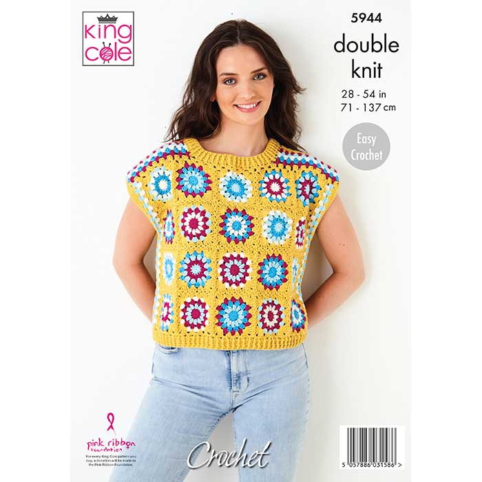 King Cole Ladies Granny Square Jumper & Top 'Easy Crochet' Pattern 5944 - Double Knit