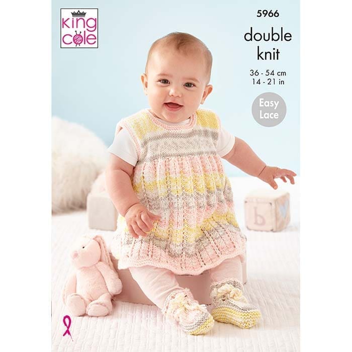 King Cole Babies Cardigan, Pinafore Dress, Hat & Bootees Knitting Pattern 5966 - Double Knit | Buy Online from The Home Crafters