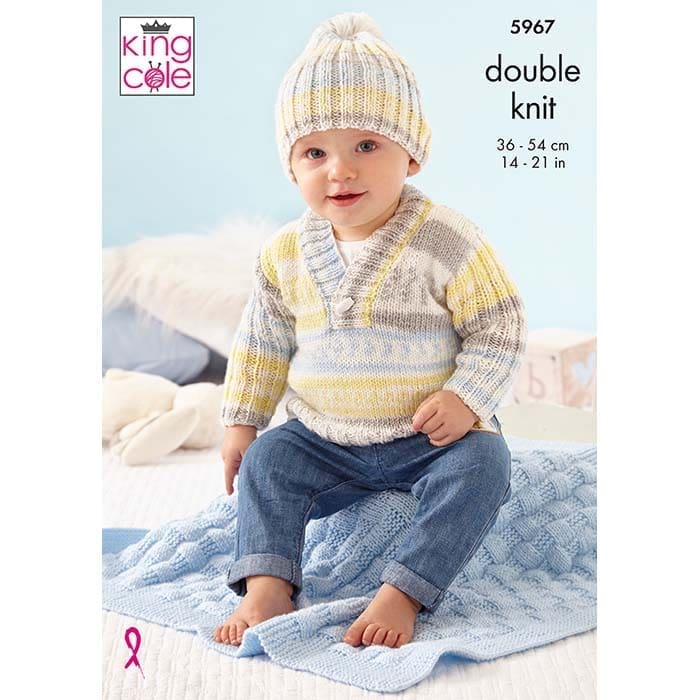 King Cole Babies Sweater, Cardigan, Hat & Blanket Knitting Pattern 5967 - Double Knit | Buy Online from The Home Crafters