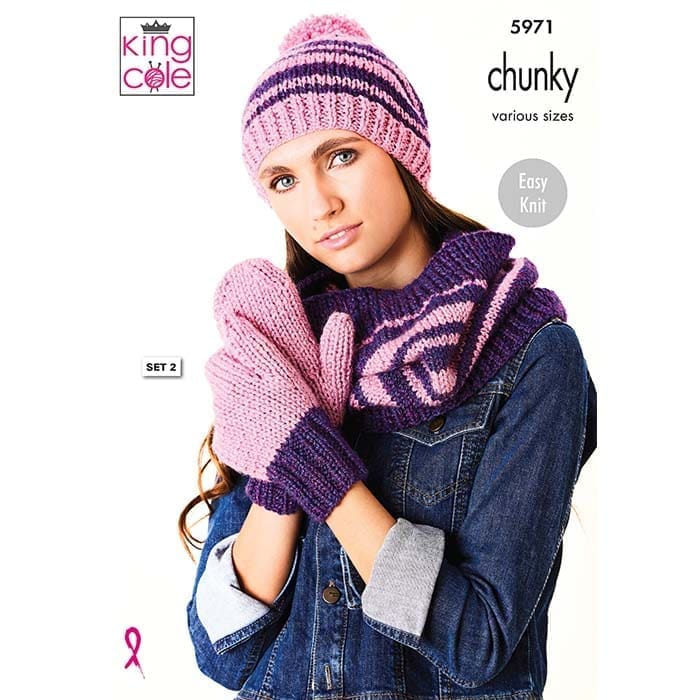 King Cole Ladies Accessories: Hats, Scarf, Cowl & Mittens Knitting Pattern 5971 - Chunky | Buy Online from The Home Crafters