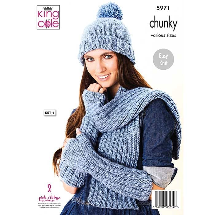 King Cole Ladies Accessories: Hats, Scarf, Cowl & Mittens Knitting Pattern 5971 - Chunky | Buy Online from The Home Crafters
