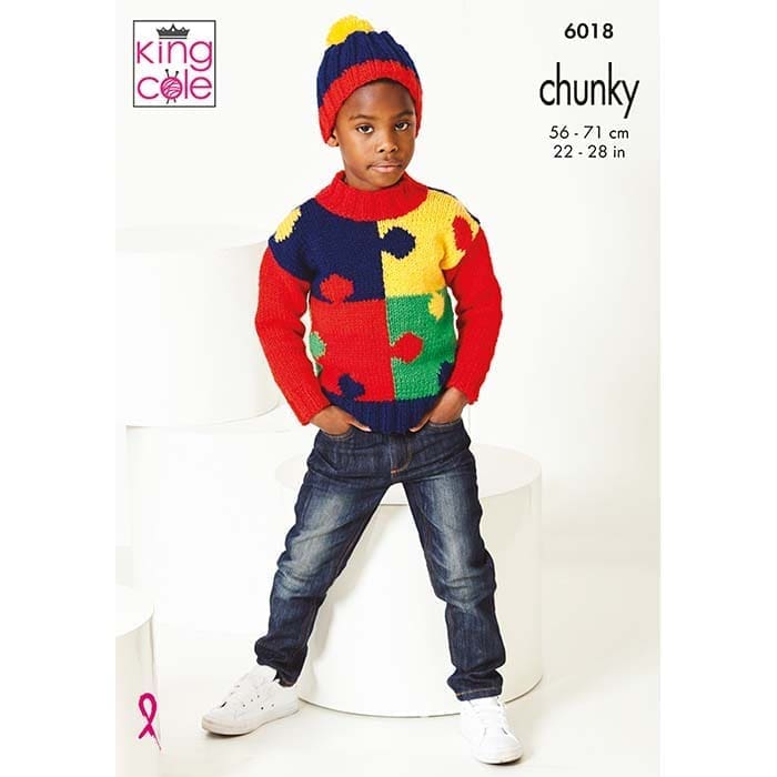 King Cole Childs Jigsaw Sweaters & Hats Knitting Pattern 6018 - Chunky | Buy Online from The Home Crafters