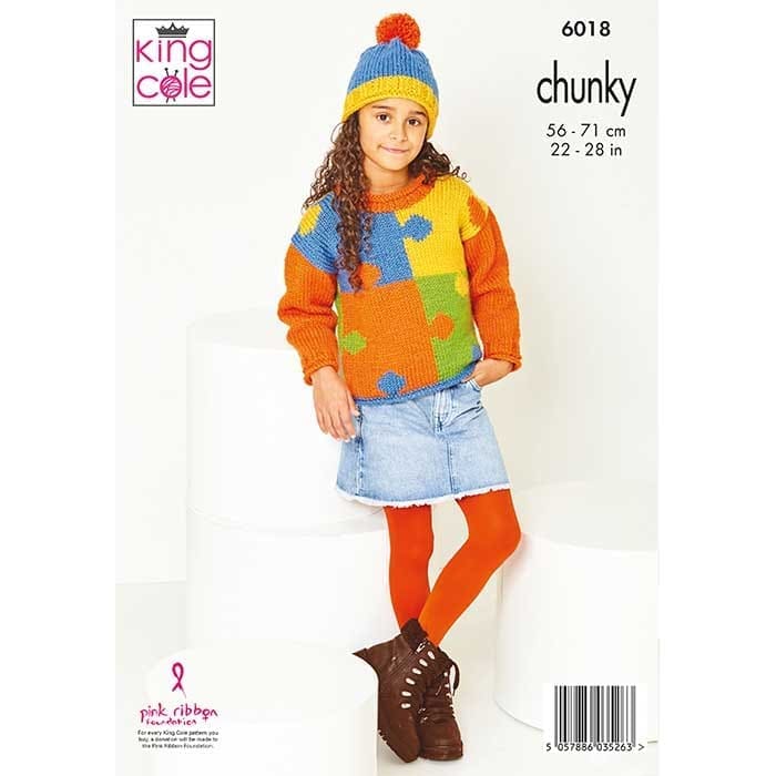 King Cole Childs Jigsaw Sweaters & Hats Knitting Pattern 6018 - Chunky | Buy Online from The Home Crafters