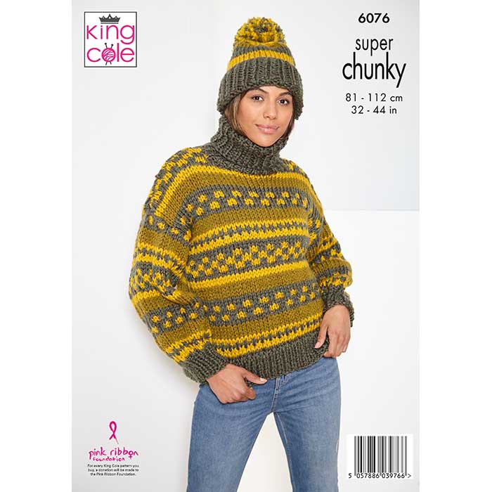 King Cole Ladies Cardigan, Sweater & Hat Knitting Pattern 6076 - Super Chunky | Buy Online from The Home Crafters
