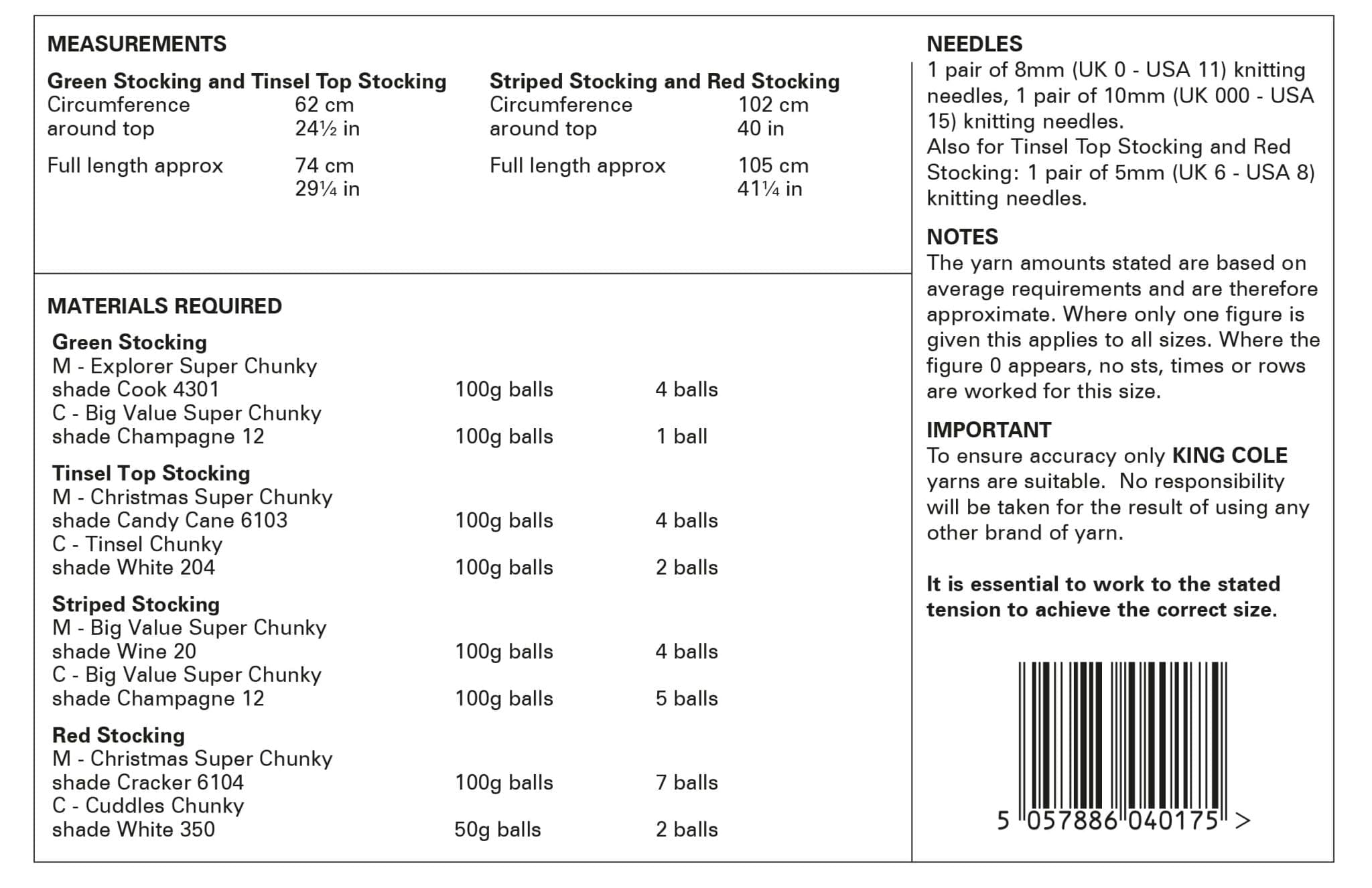 King Cole Novelty Christmas Stockings Knitting Pattern 6096 - Chunky & Super Chunky