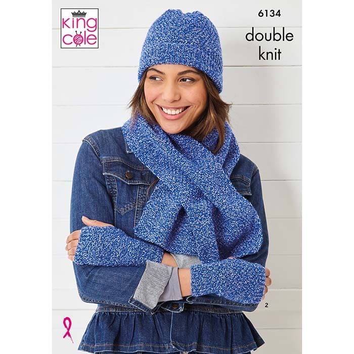 King Cole Ladies Hat, Wristwarmers, Scarf & Shawl Knitting Pattern 6134 - Double Knit