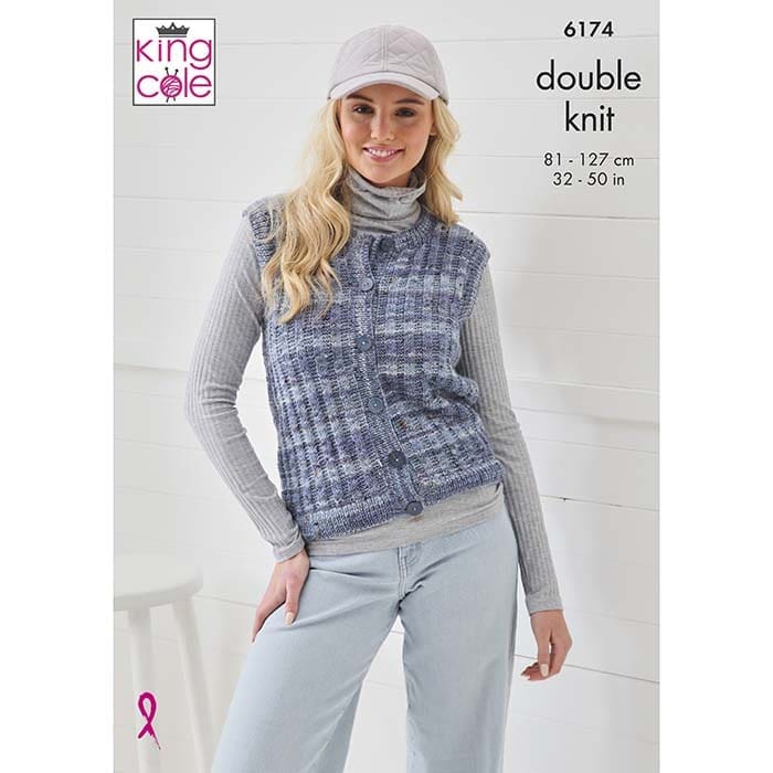 King Cole Ladies Round & V - Neck Waistcoats Knitting Pattern 6174 - Double Knit | Buy Online from The Home Crafters