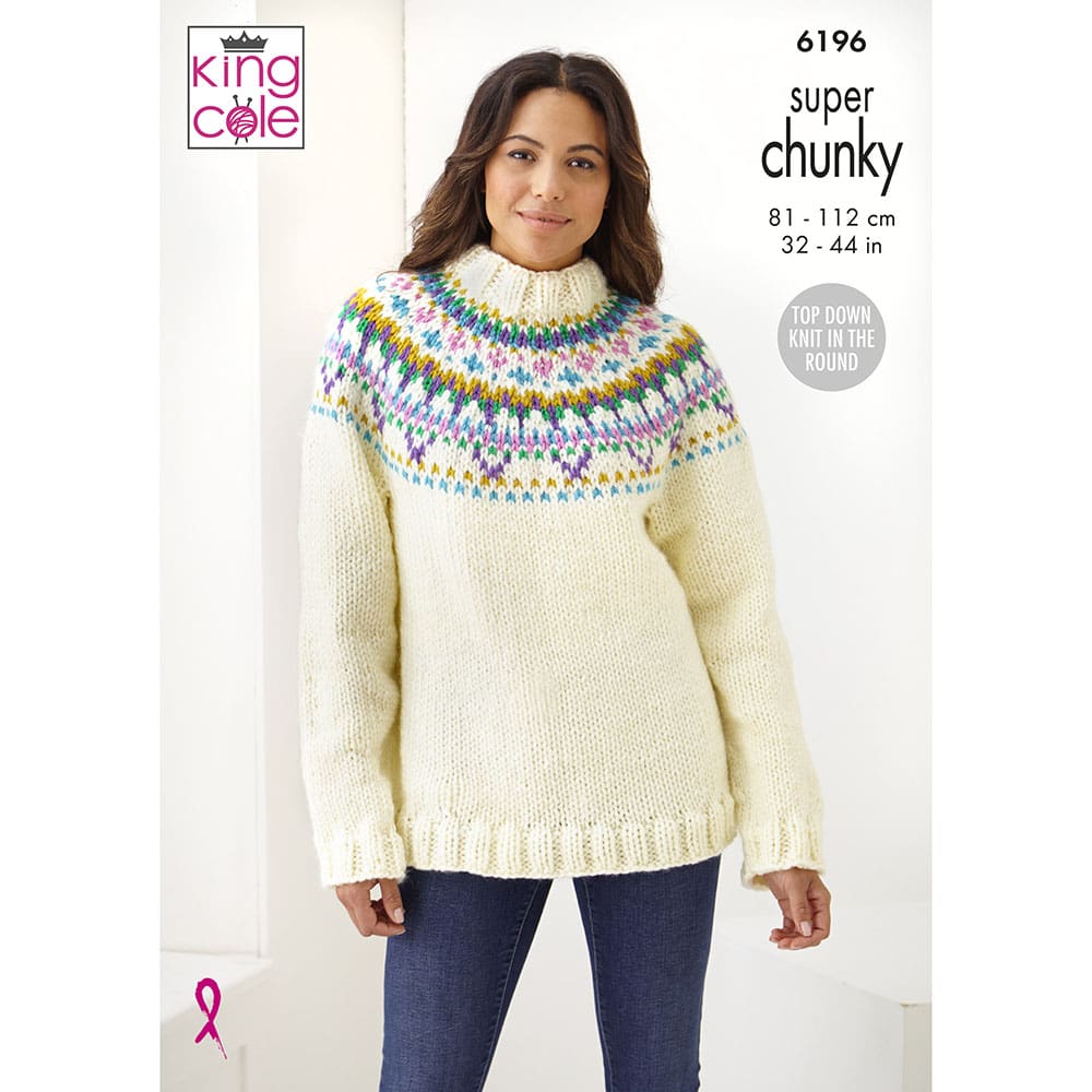 King Cole 'Knit on the Round' Ladies Fair Isle Jumper & Accessories Knitting Pattern 6196 - Super Chunky