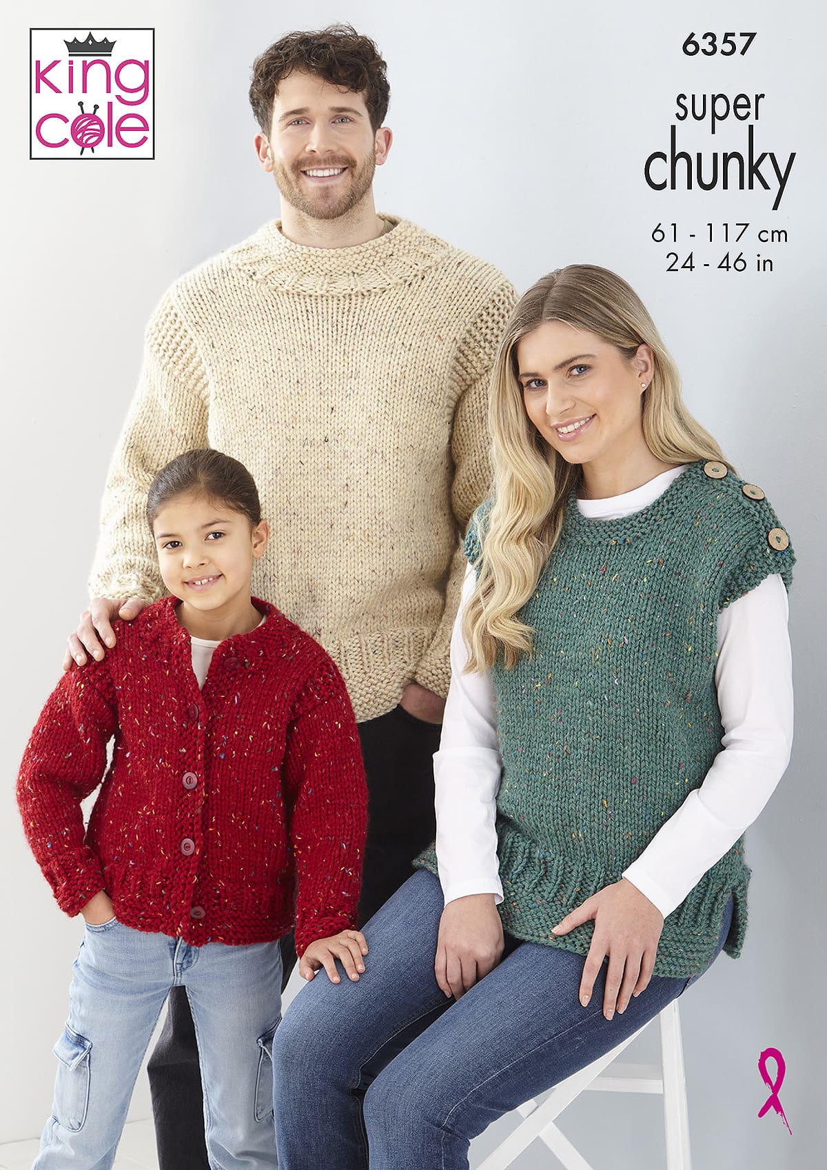 King Cole Family, Ladies, Childs, Men's Sweater, Cardigan & Top Knitting Pattern 6357 - Super Chunky | Buy Online from The Home Crafters