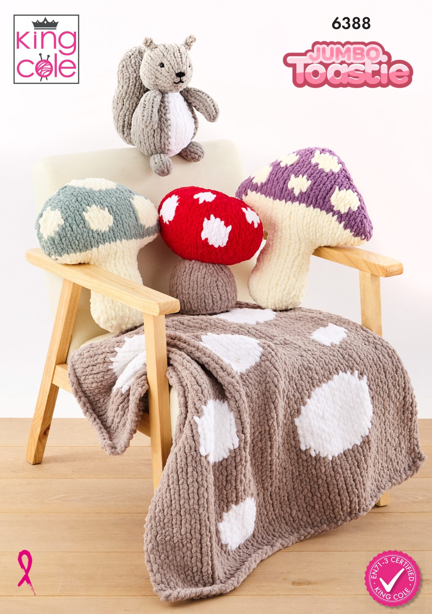King Cole Toadstool Cushions, Door Stop, Blanket and Squirrel Toy Knitting Pattern 6388 - Mega Chunky | Buy Online from The Home Crafters