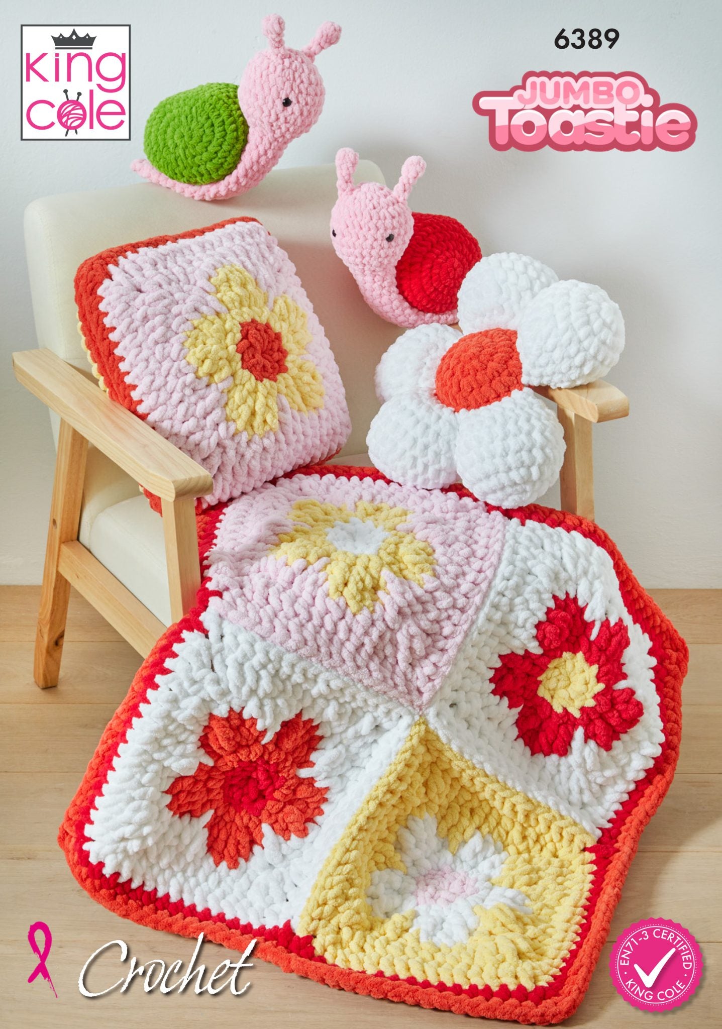 King Cole Flower Cushions, Blanket & Snail Toy Crochet Pattern 6389 - Mega Chunky | Buy Online from The Home Crafters