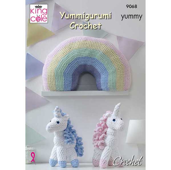 King Cole Yummigurumi Unicorn & Rainbow Cushion Crochet Pattern 9068 - Yummy (Chunky) | Buy Online from The Home Crafters