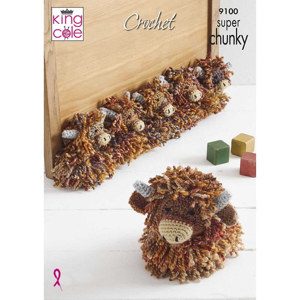 King Cole Highland Cow Door Stop & Draught Excluder Crochet Pattern 9100 - Super Chunky | Buy Online from The Home Crafters