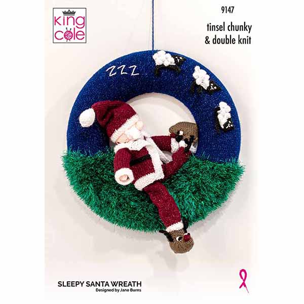 King Cole Christmas Sleepy Santa Wreath Knitting Pattern 9147 - Tinsel Chunky & DK | Buy Online from The Home Crafters