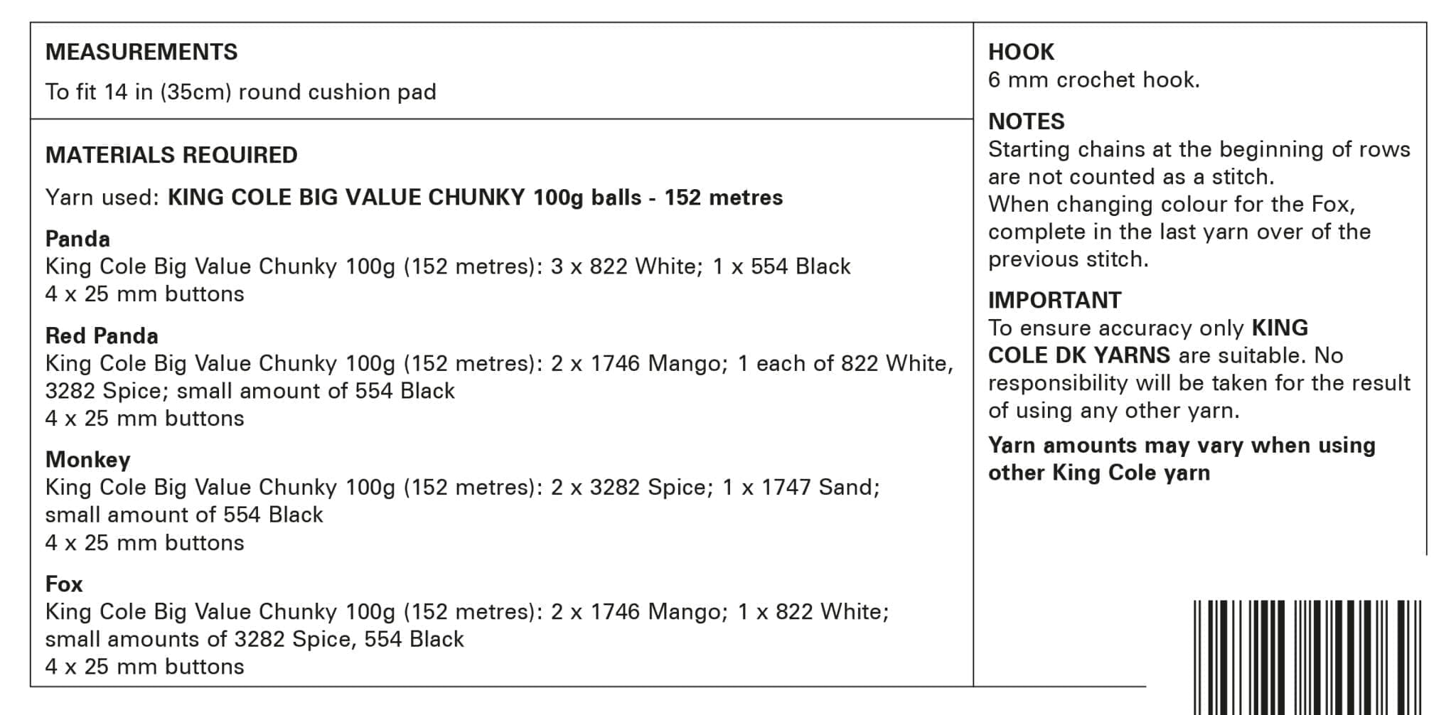 King Cole Animal Cushions 'Easy' Crochet Pattern 9179 - Chunky