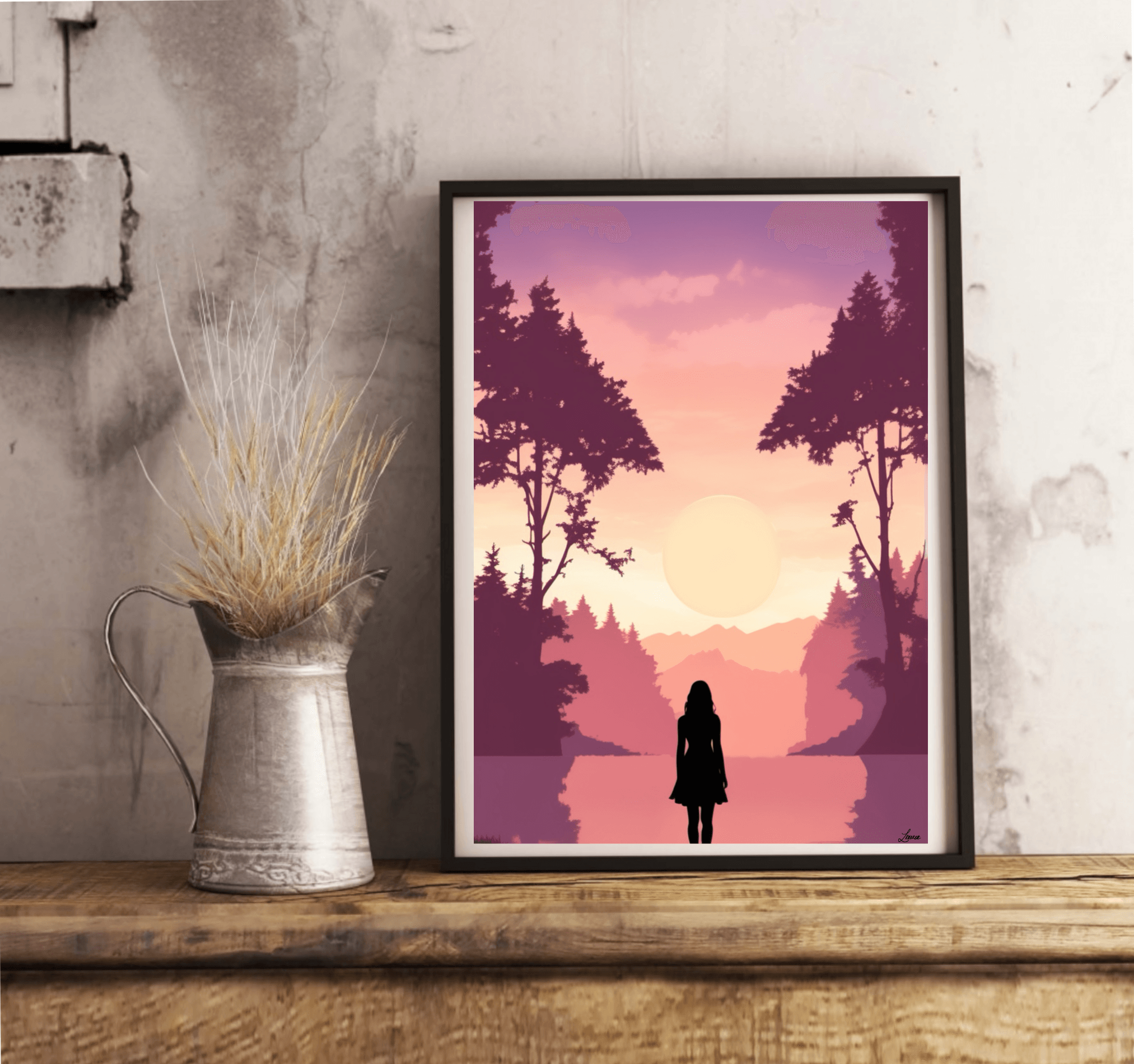 Pink Sunset Silhouette Print | Serene Girl Wall Art | Buy Online from The Home Crafters