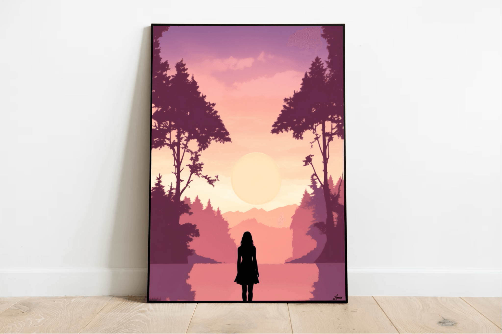 Pink Sunset Silhouette Print | Serene Girl Wall Art | Buy Online from The Home Crafters