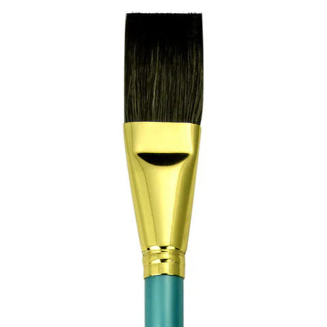 Paintbrush with gold ferrule and teal handle on a white background