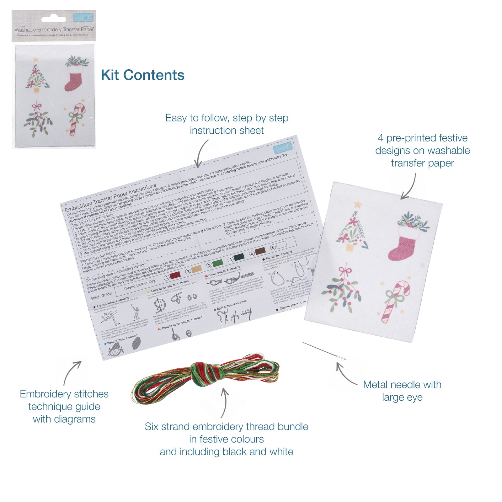 Trimits Washable Embroidery Transfer Paper: 4 Christmas Designs | Buy Online from The Home Crafters