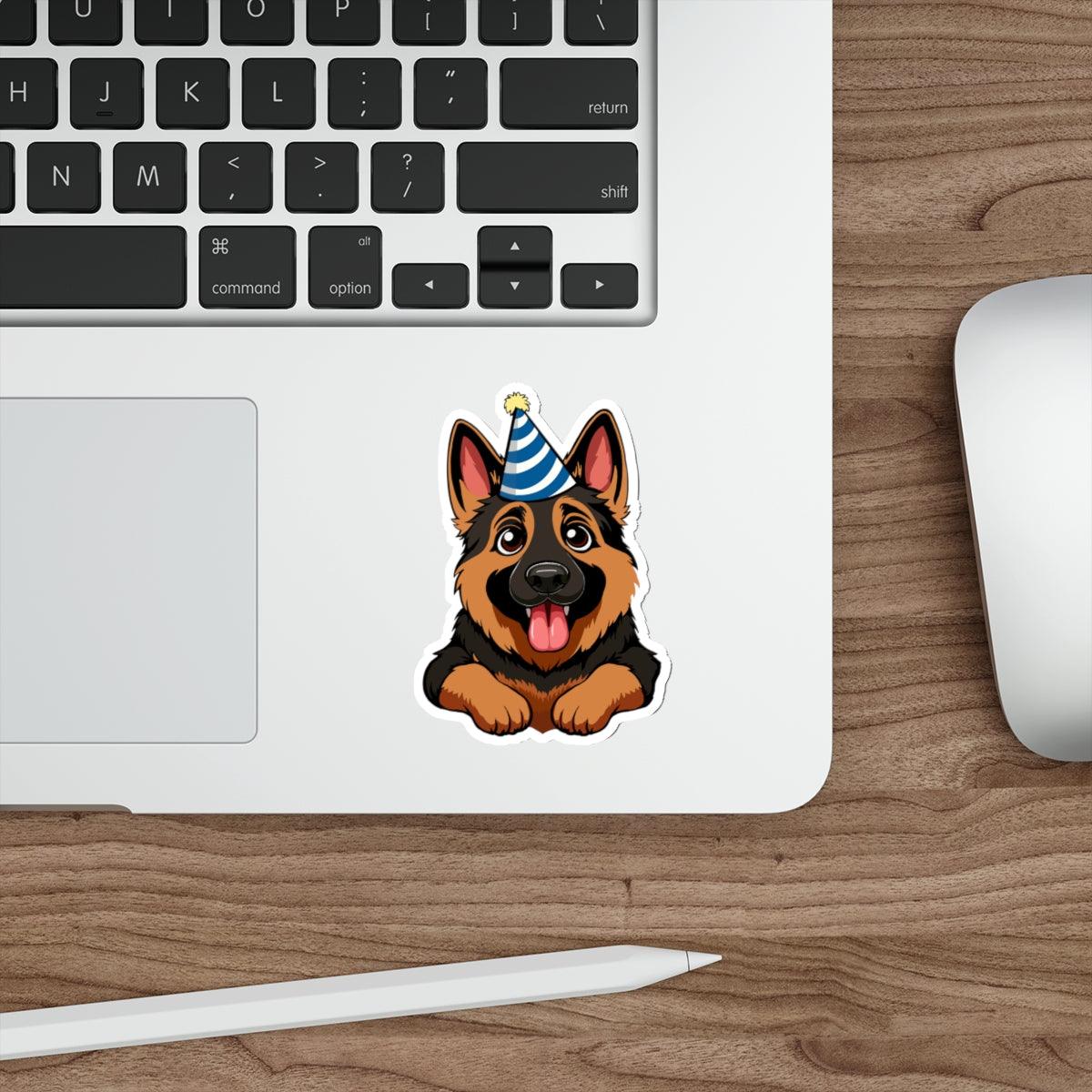 German Shepherd with Party Hat Waterproof Sticker | Buy Online from The Home Crafters