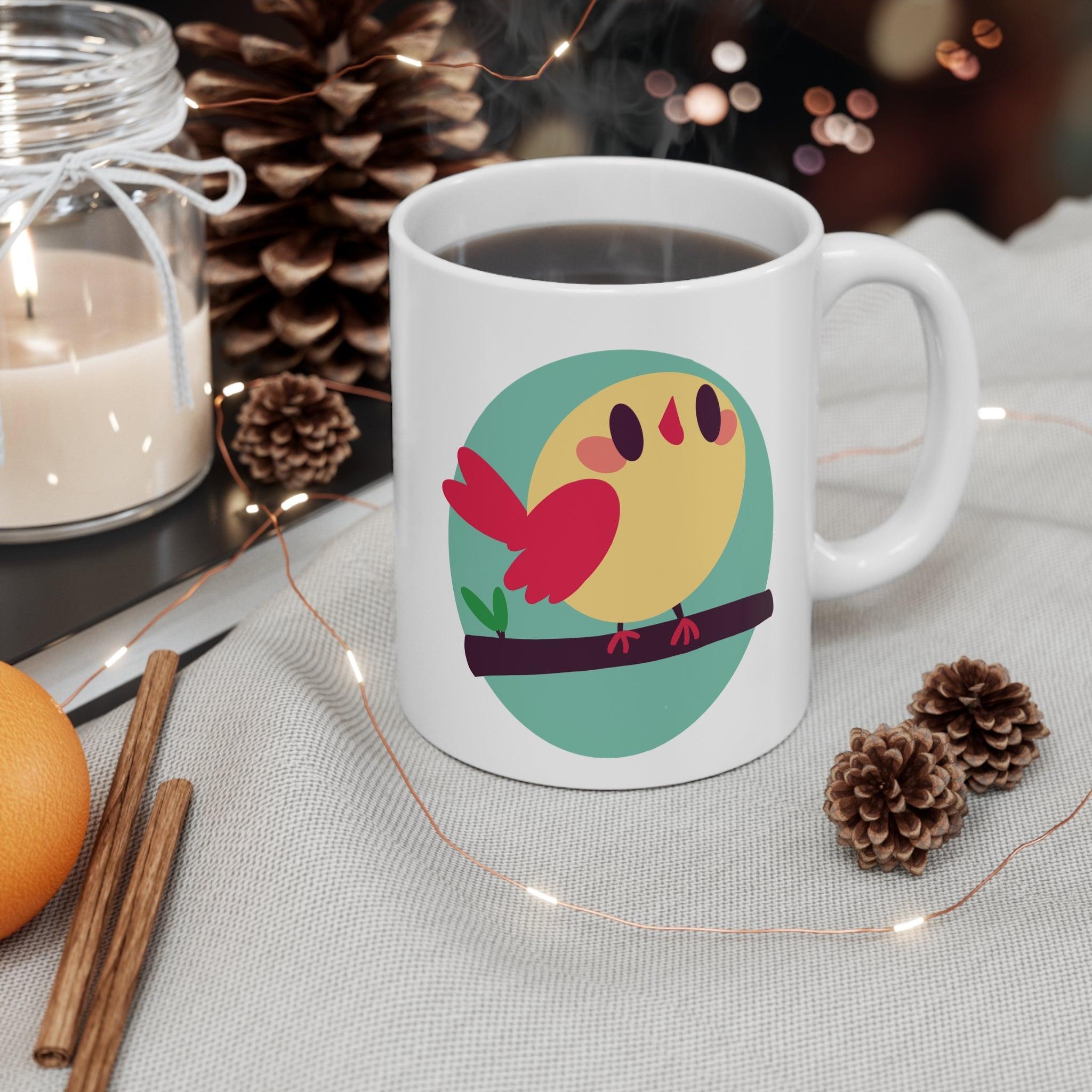 Cartoon Bird on Branch Mug | 11 oz Cheerful Nature | Buy Online from The Home Crafters