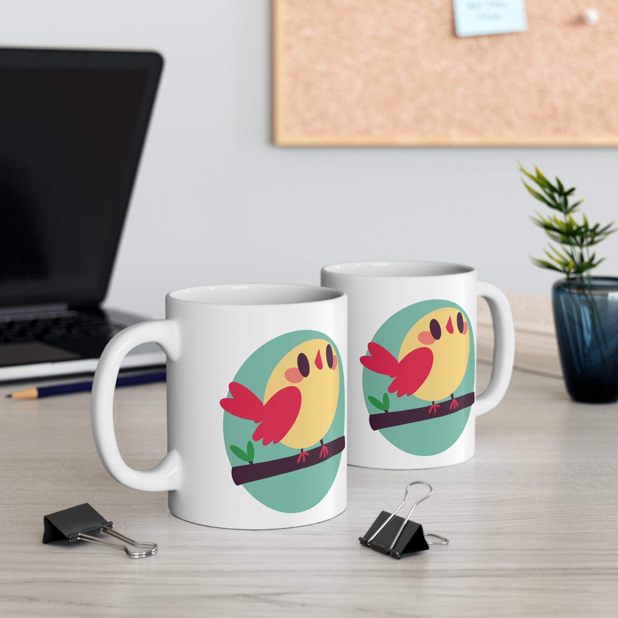 Cartoon Bird on Branch Mug | 11 oz Cheerful Nature | Buy Online from The Home Crafters