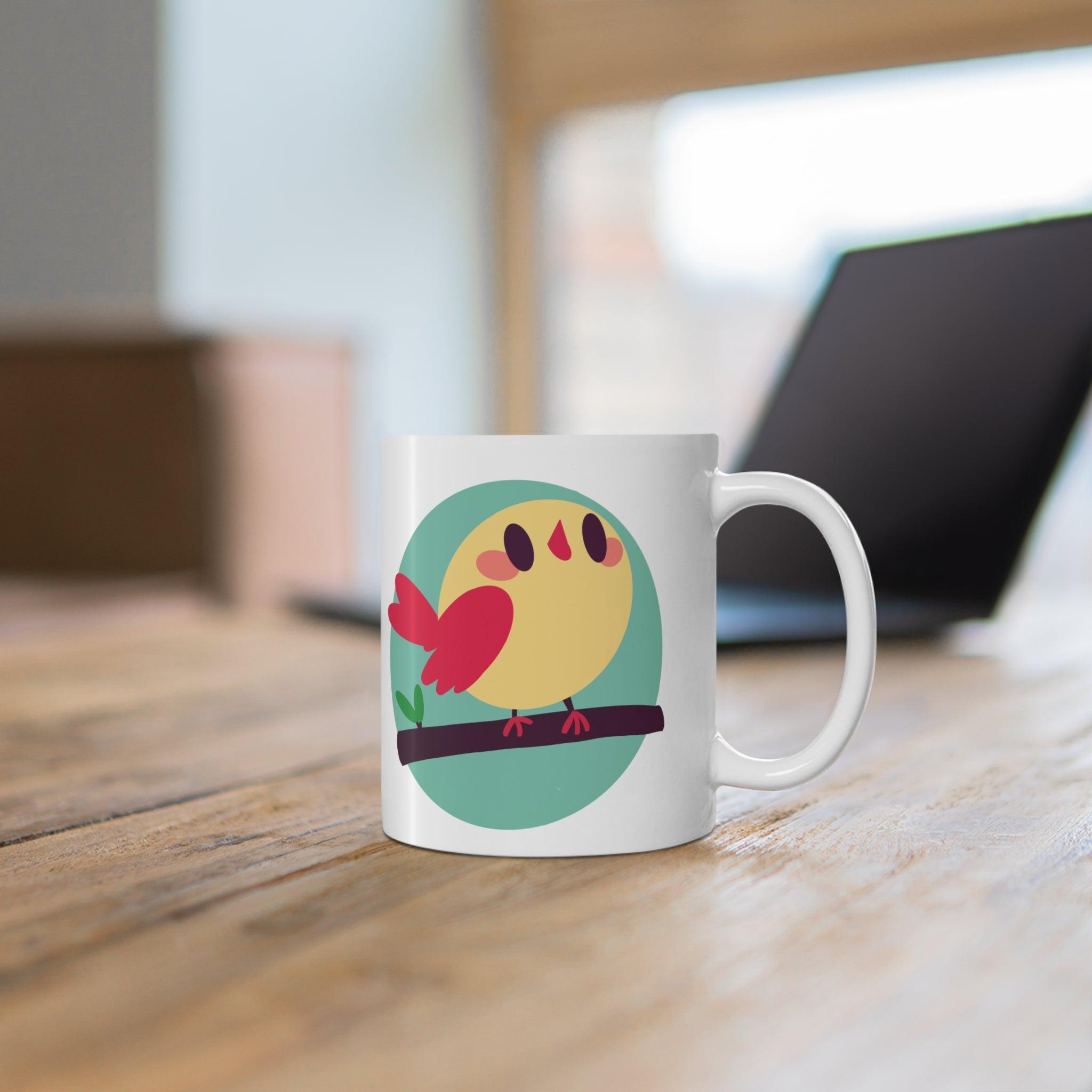 Cartoon Bird on Branch Mug | 11 oz Cheerful Nature | Buy Online from The Home Crafters