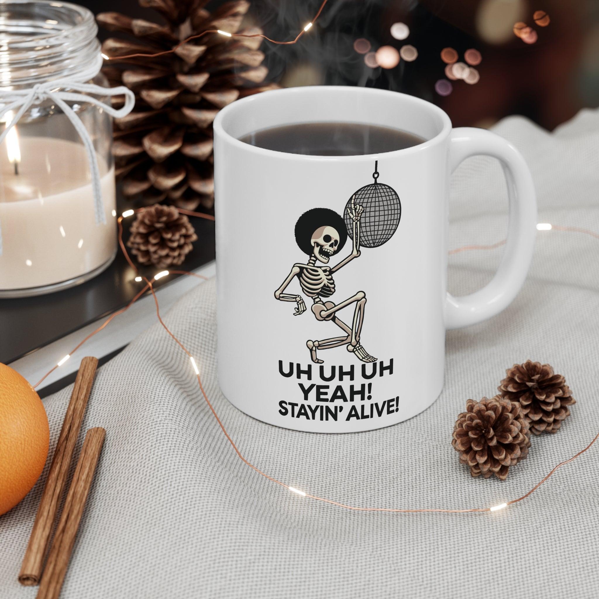 Staying Alive Dancing Skeleton Mug – Disco Fun | Buy Online from The Home Crafters