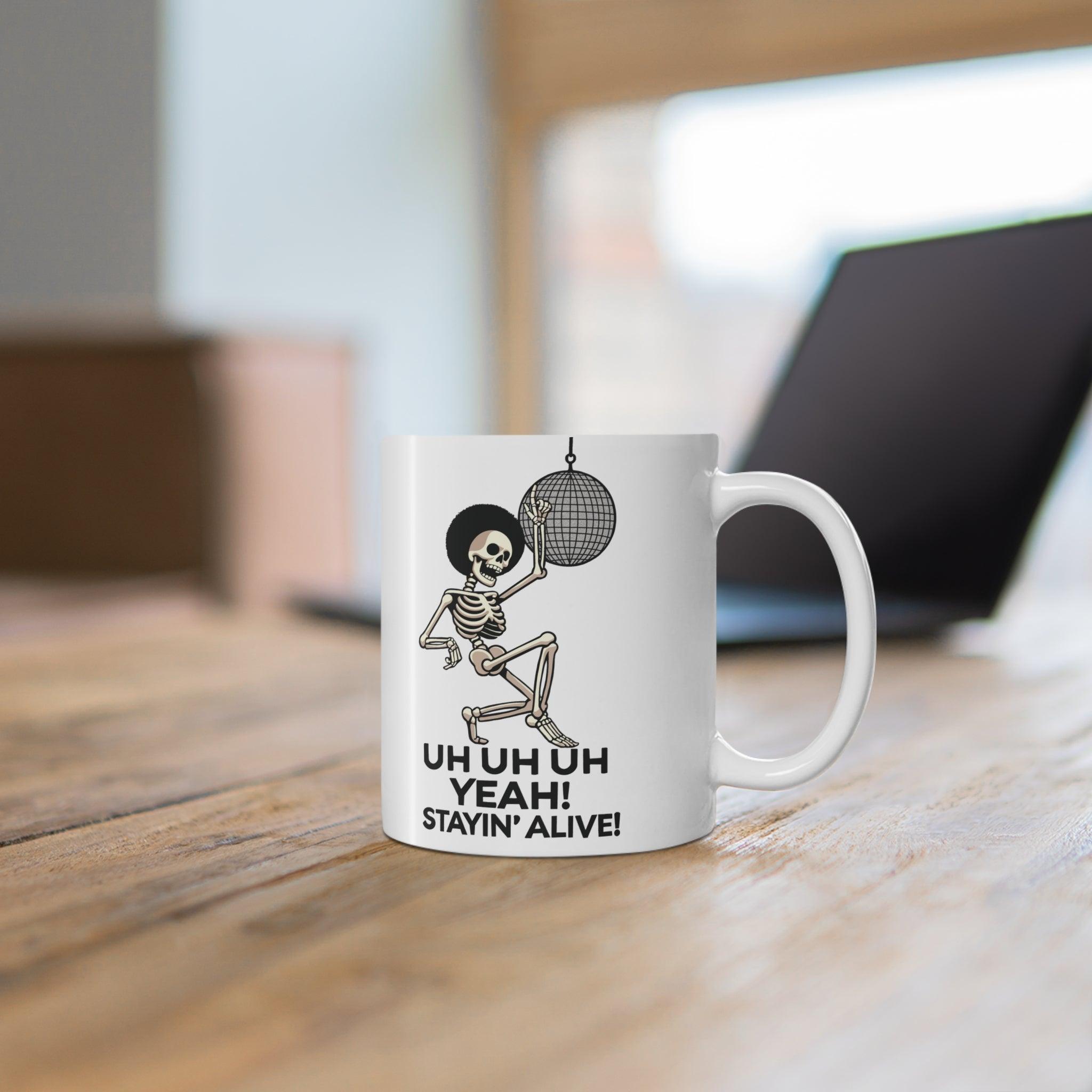 Staying Alive Dancing Skeleton Mug – Disco Fun | Buy Online from The Home Crafters