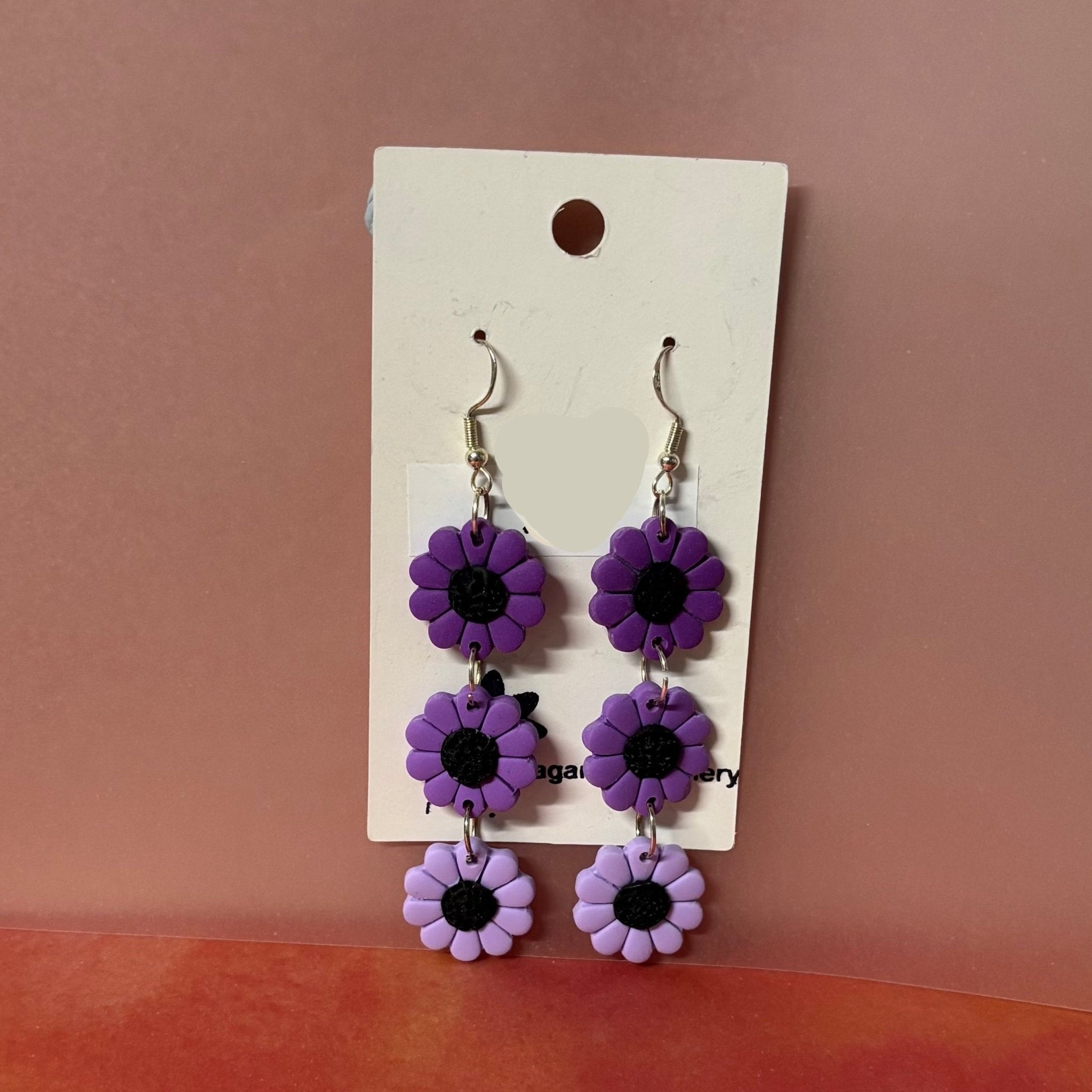 Handmade Polymer Clay Earrings: Triple purple flower dangles - Teagan's Jewellery | Buy Online from The Home Crafters