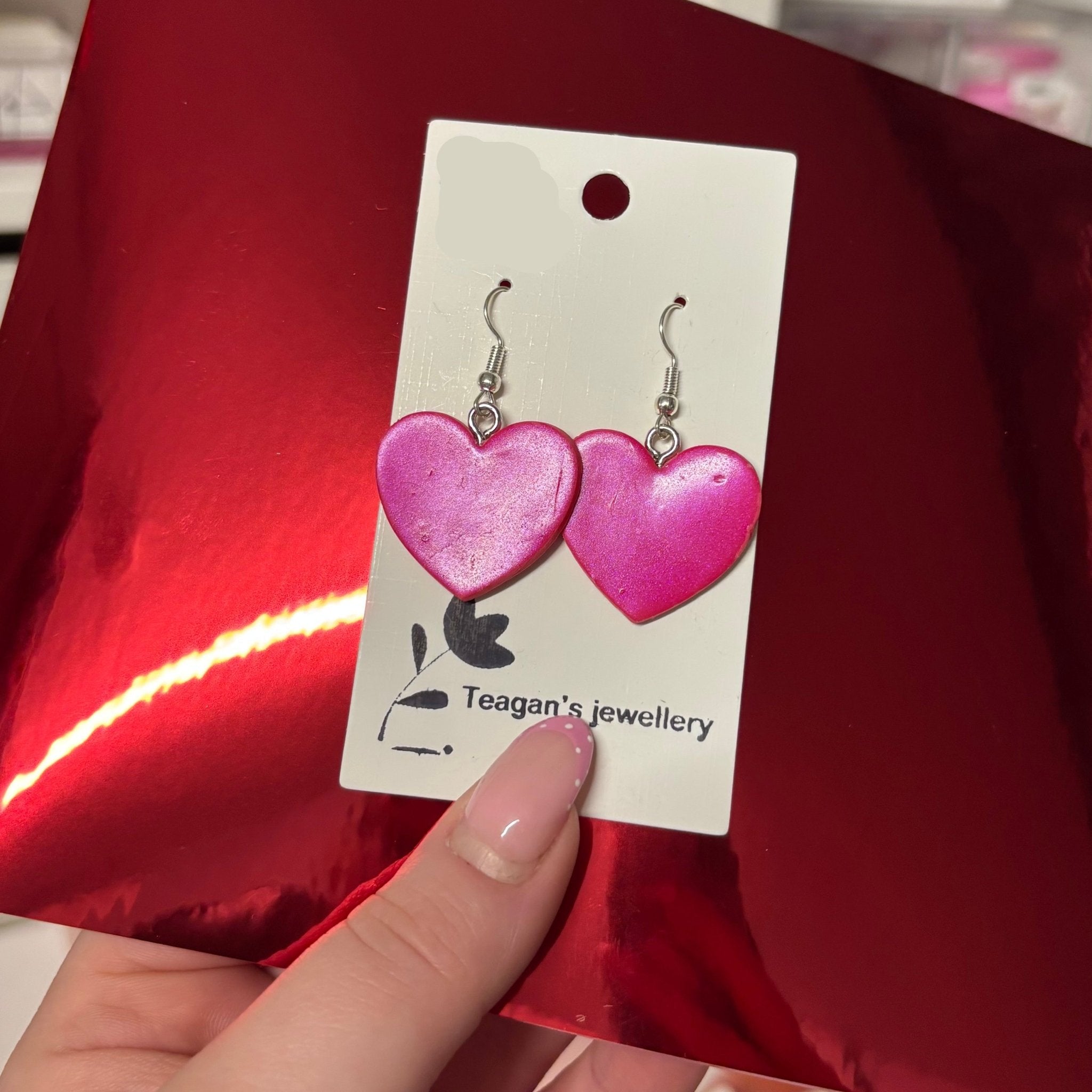 Handmade Polymer Clay Earrings: Shimmery pink hearts - Teagan's Jewellery | Buy Online from The Home Crafters