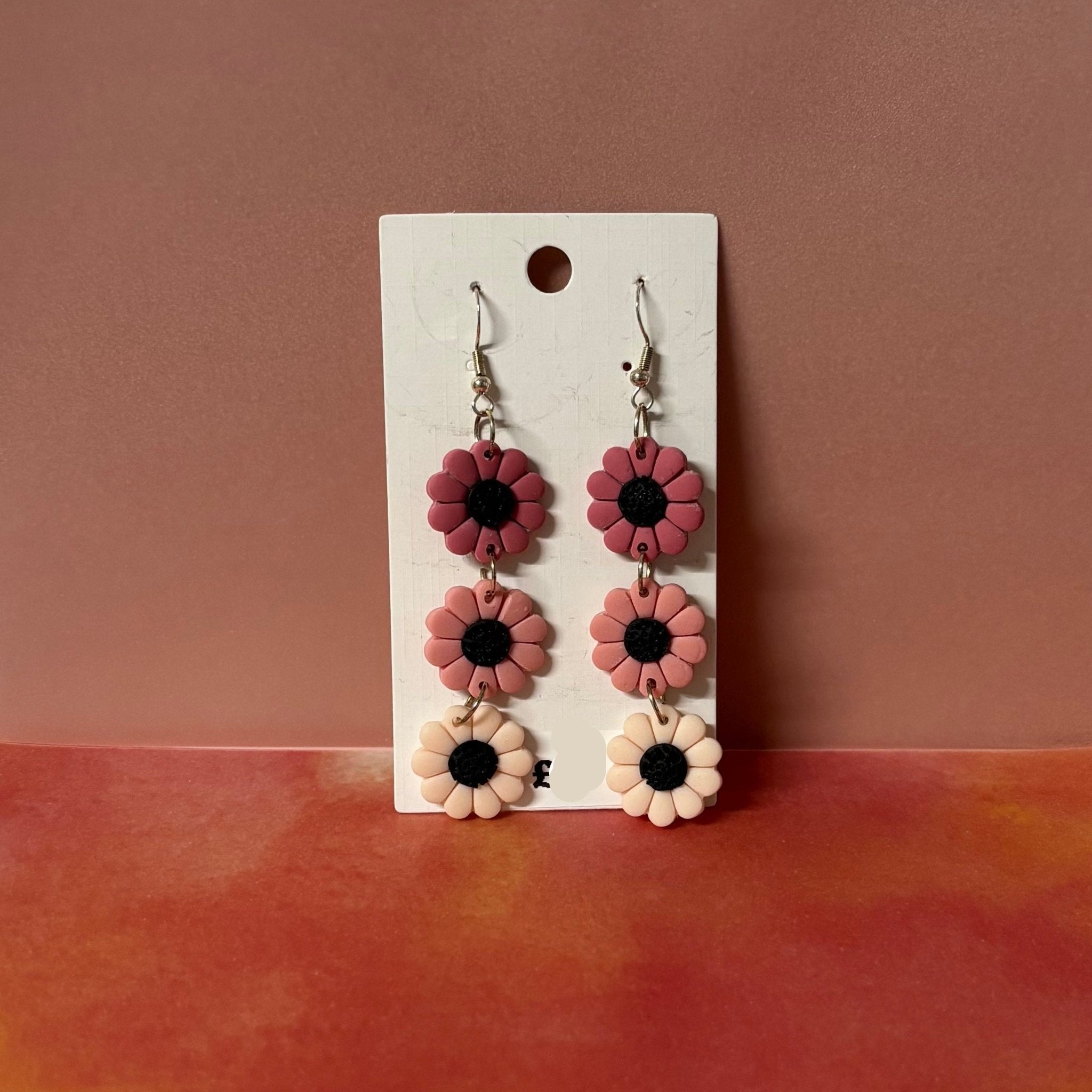 Handmade Polymer Clay Earrings: Triple pink flower dangles - Teagan's Jewellery | Buy Online from The Home Crafters