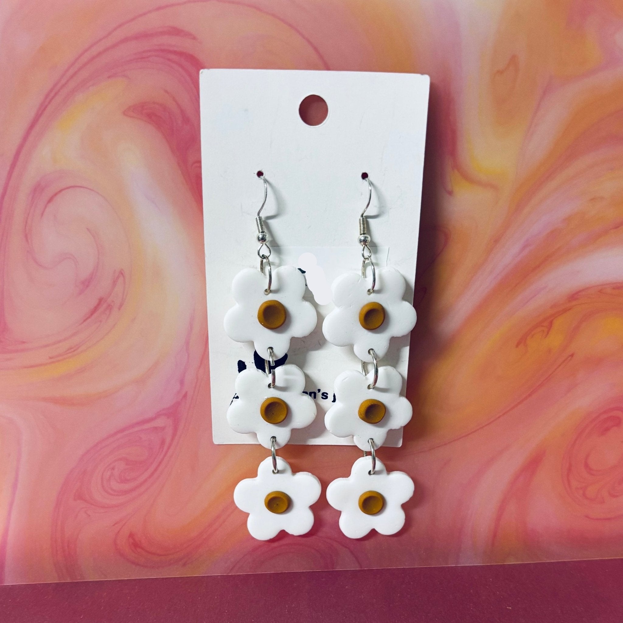 Handmade Polymer Clay Earrings: Triple white flower dangles - Teagan's Jewellery | Buy Online from The Home Crafters