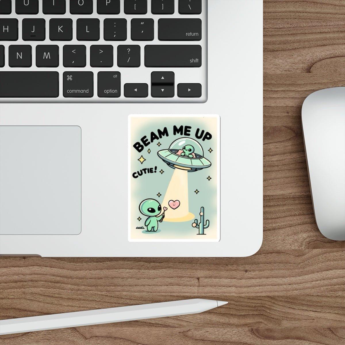 Beam Me Up, Cutie – Waterproof Alien Vinyl Sticker | Buy Online from The Home Crafters