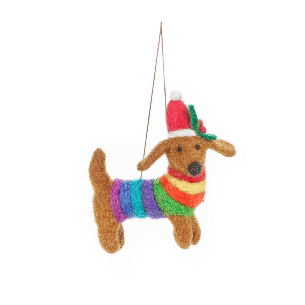 Handmade Needle Felt Hanging Christmas Decoration - Rainbow Dog