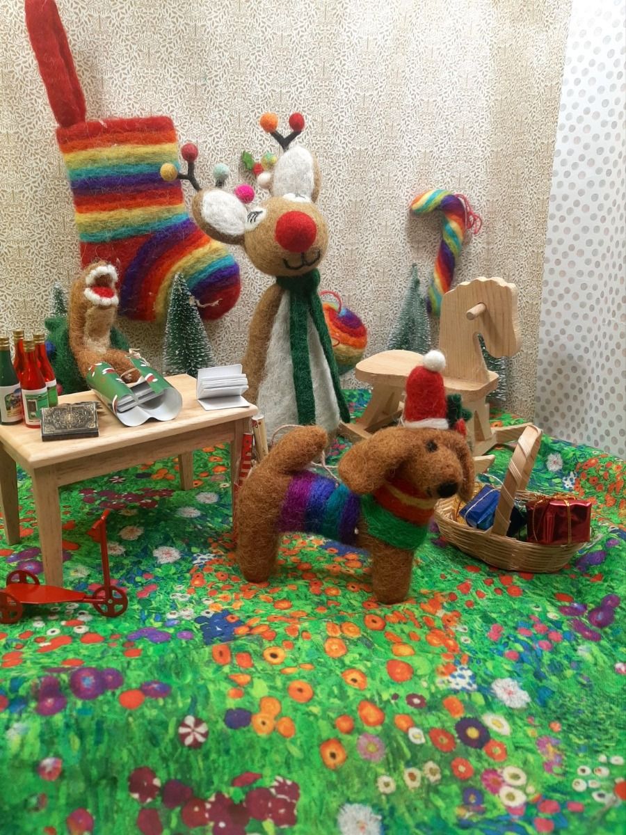 Handmade Needle Felt Hanging Christmas Decoration - Rainbow Dog