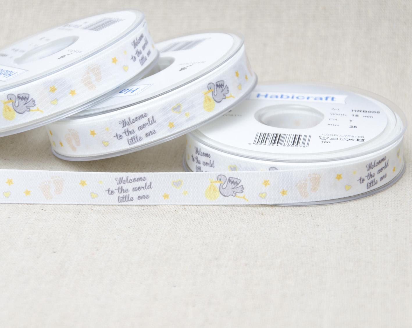 Taffeta Ribbon: Stork New Baby - 15mm (per metre)