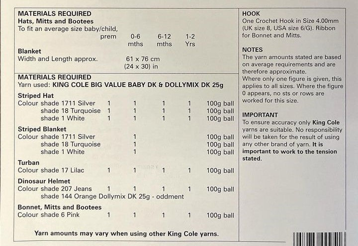 King Cole Baby Hat, Mitts, Bootees & Blanket Crochet Pattern 5415 - Double Knit