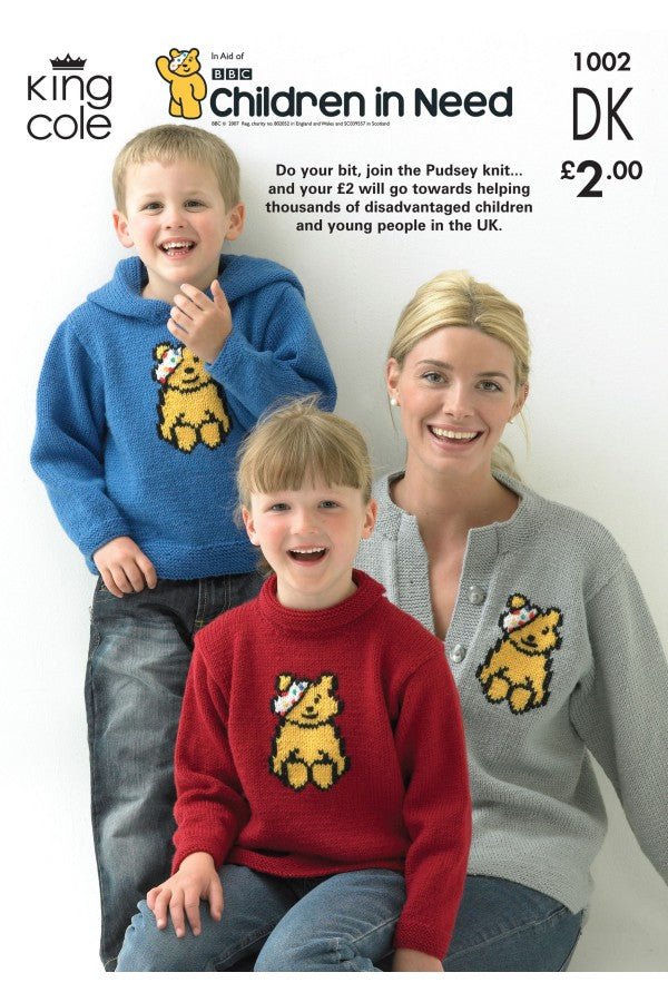 King Cole Children in Need Pudsey Bear Sweaters & Cardigan Knitting Pattern 1002 - Double Knit | Buy Online from The Home Crafters