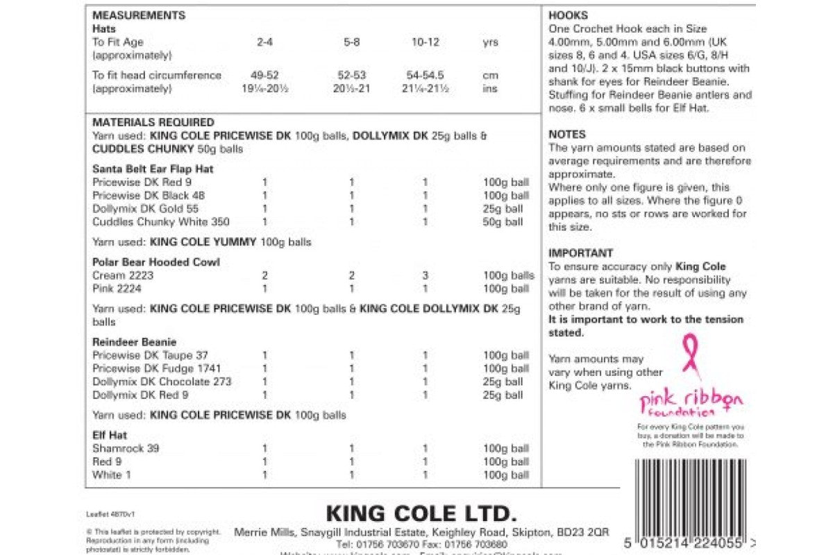 King Cole Novelty Christmas Hats Crochet Pattern 4870 - Chunky & DK | Buy Online from The Home Crafters