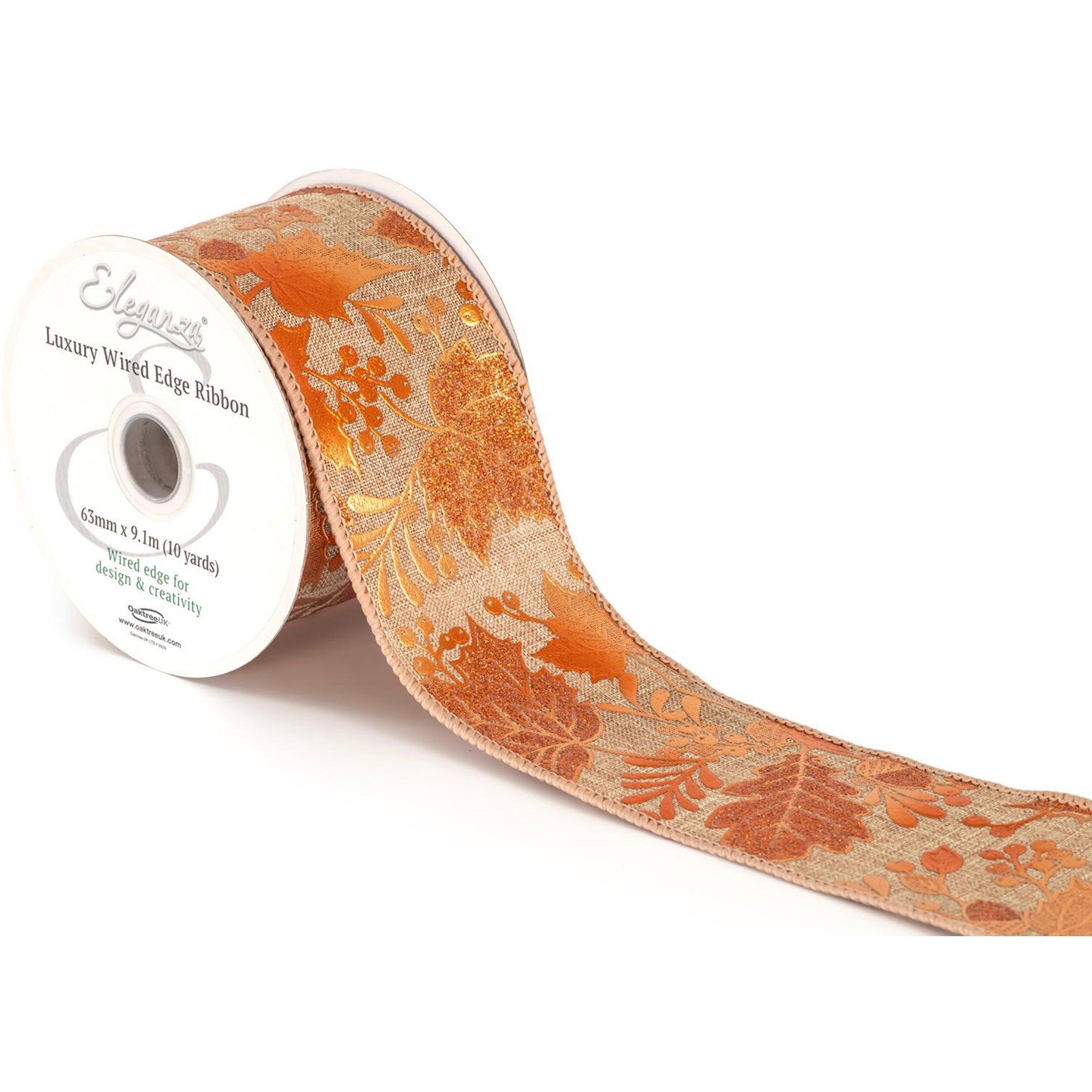 Luxury Wired Ribbon: Metallic Gilded Autumn Leaf - 63mm