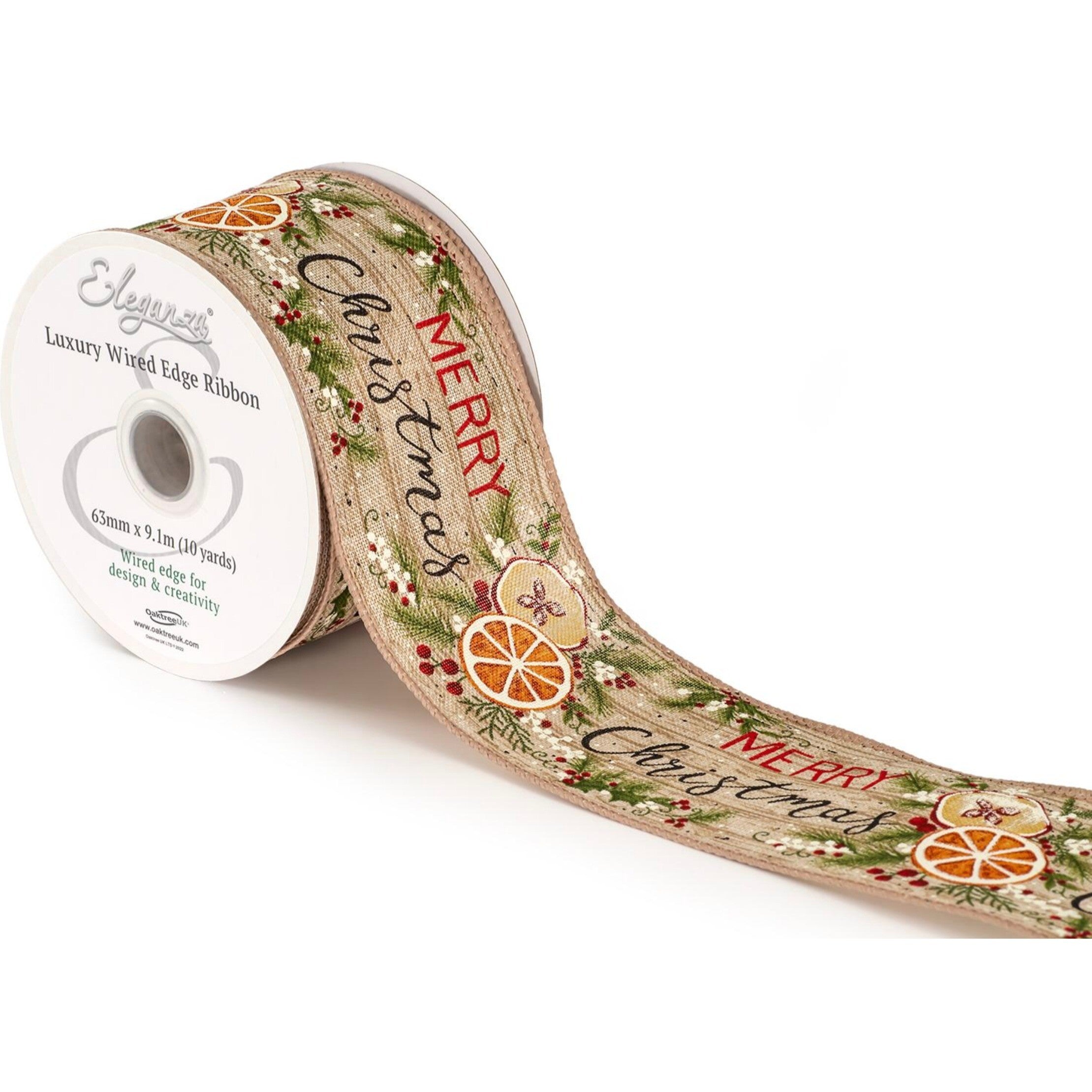 Woven Wired Ribbon: Merry Christmas & Sliced Fruit - 63mm