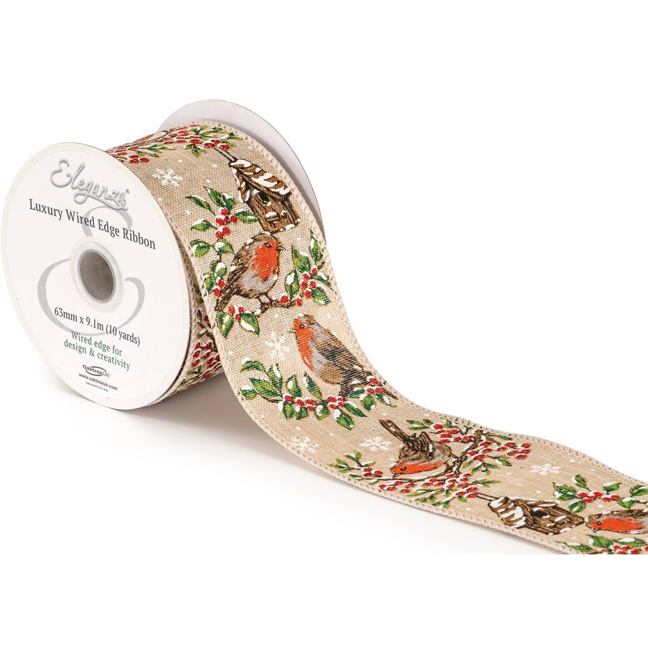 Luxury Wired Ribbon: Festive Robin - 63mm