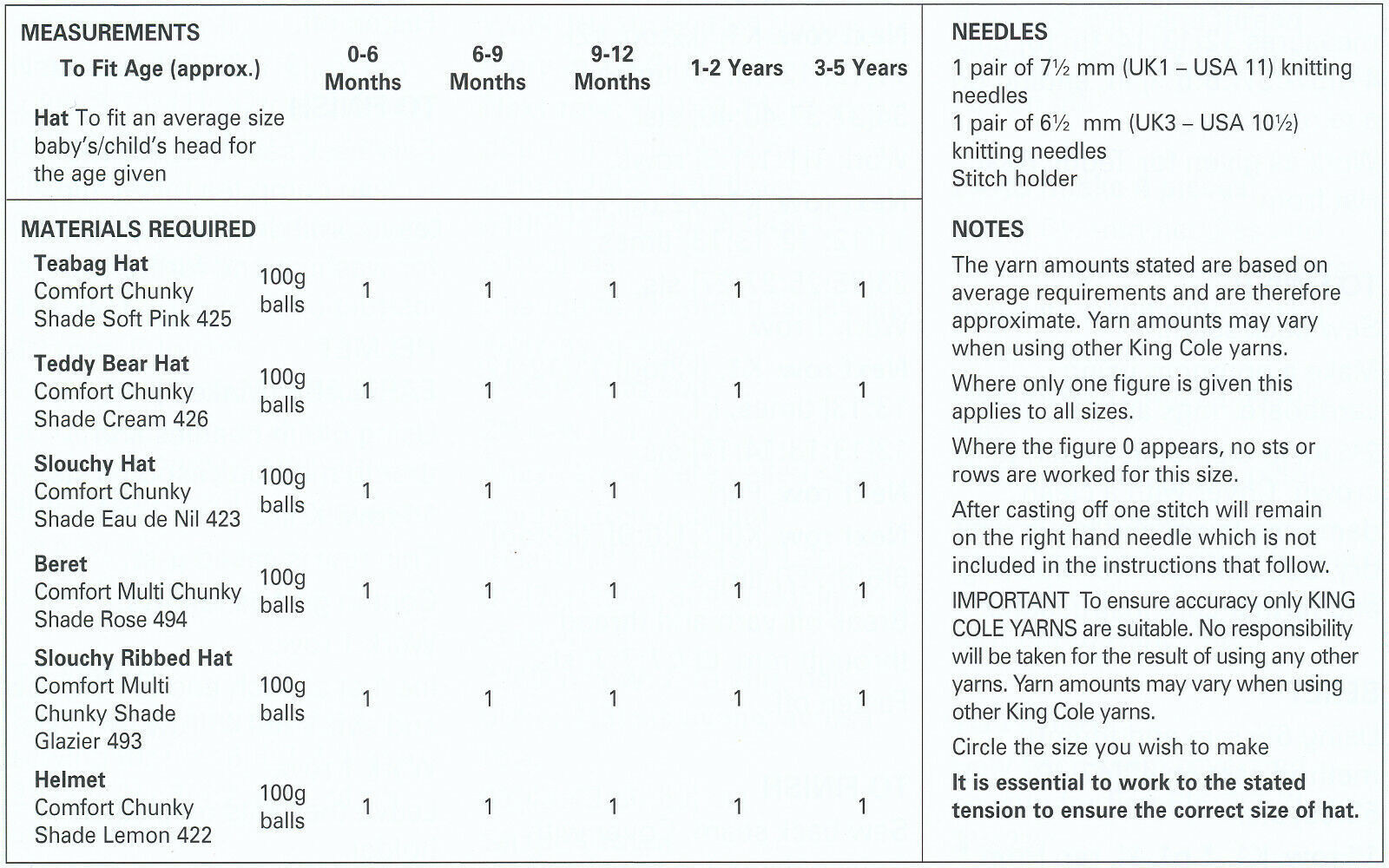 King Cole Baby & Kid's Hat Assortment Knitting Pattern 3391 - Chunky