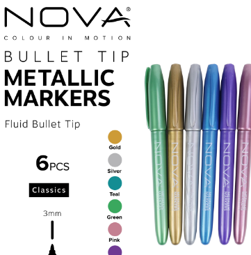 Nova Bullet Tip Metallic Marker Pens - 6pk