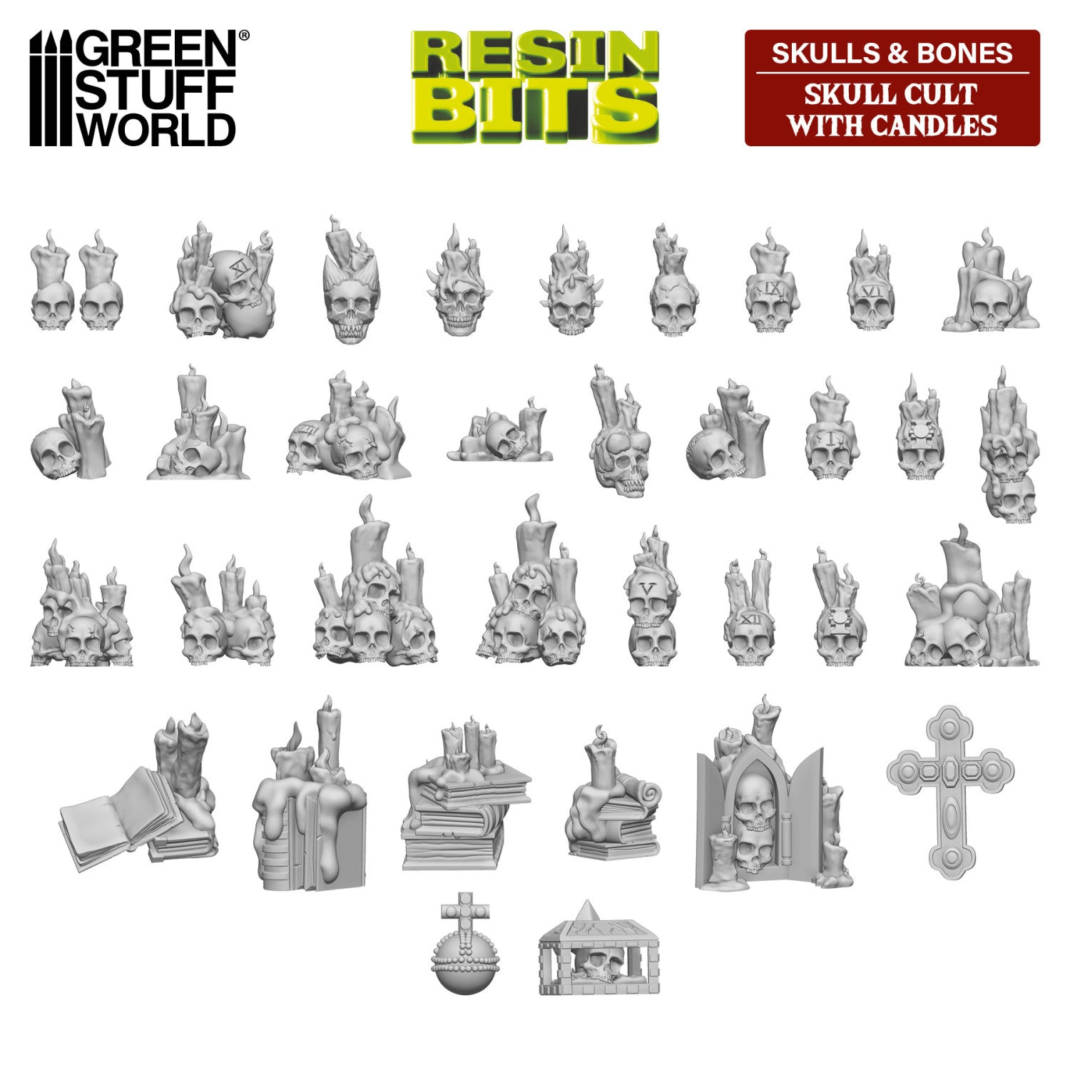 Resin Bits: Skulls & Bones - 1:48-1:35 Skull Cult with Candles - 35pc | Buy Online from The Home Crafters