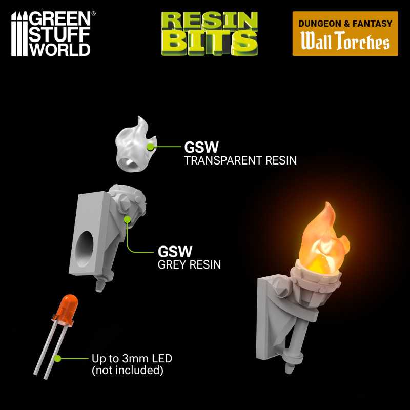 Green Stuff World: 3d Printed Resin Bits Scenery - 1:48 - 1:35 Dungeon Wall Torches For 3mm LEDs - 5pc | Buy Online from The Home Crafters