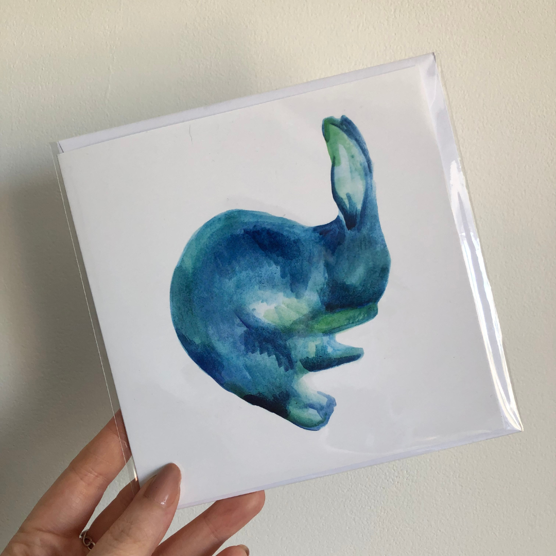 Handmade Watercolour Bunny Greetings Card - Blue